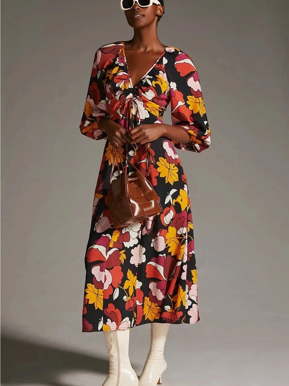 Anthropologie Maeve Deep-V Ruched Midi Dress Size 6